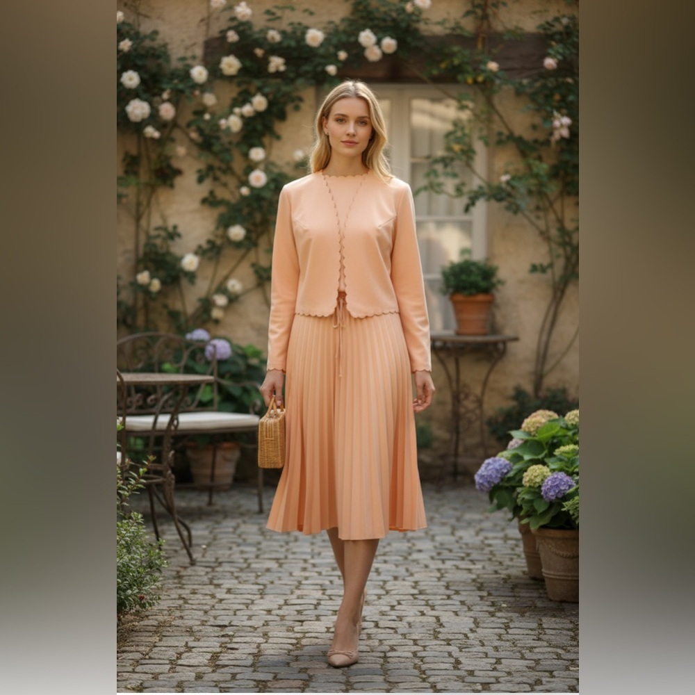 STRAIT LANE Women’s Size S/M Peach Vintage Long Sleeve Pleated Vest Dress
